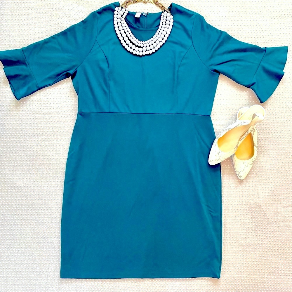Old Navy | Teal sheath dress with bell sleeves